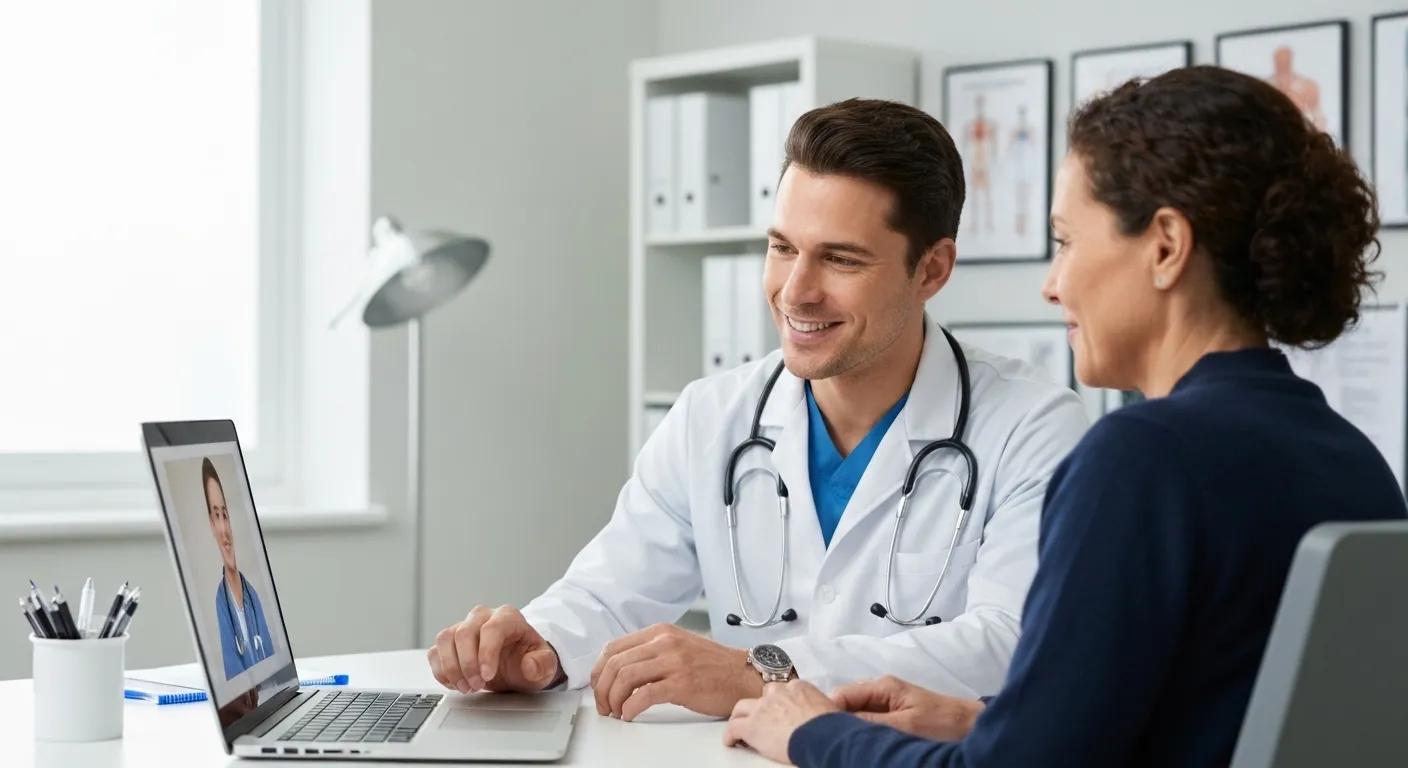 Healthcare video conferencing session with doctor and patient, emphasizing secure communication