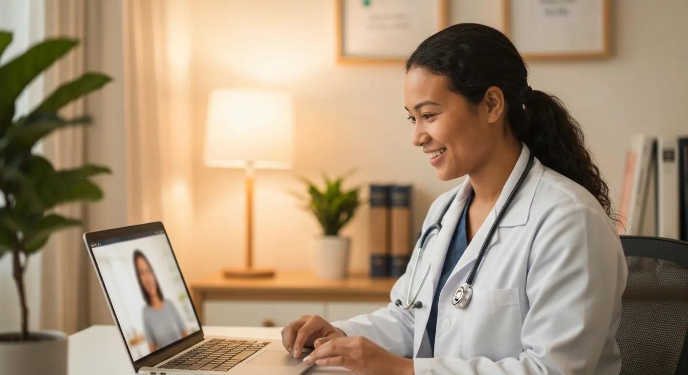 Healthcare provider conducting a virtual consultation in a cozy home office setting