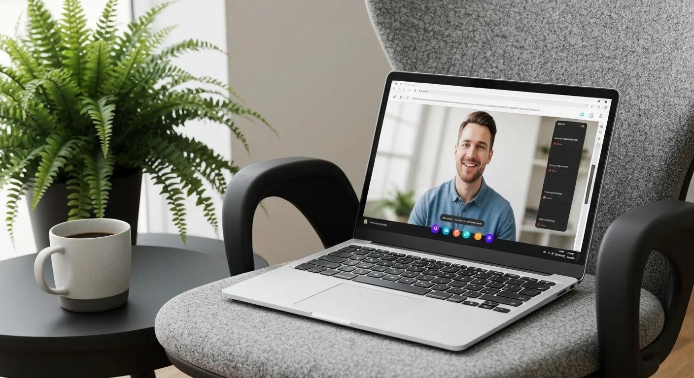 Modern workspace with a laptop displaying a video conferencing application in a web browser
