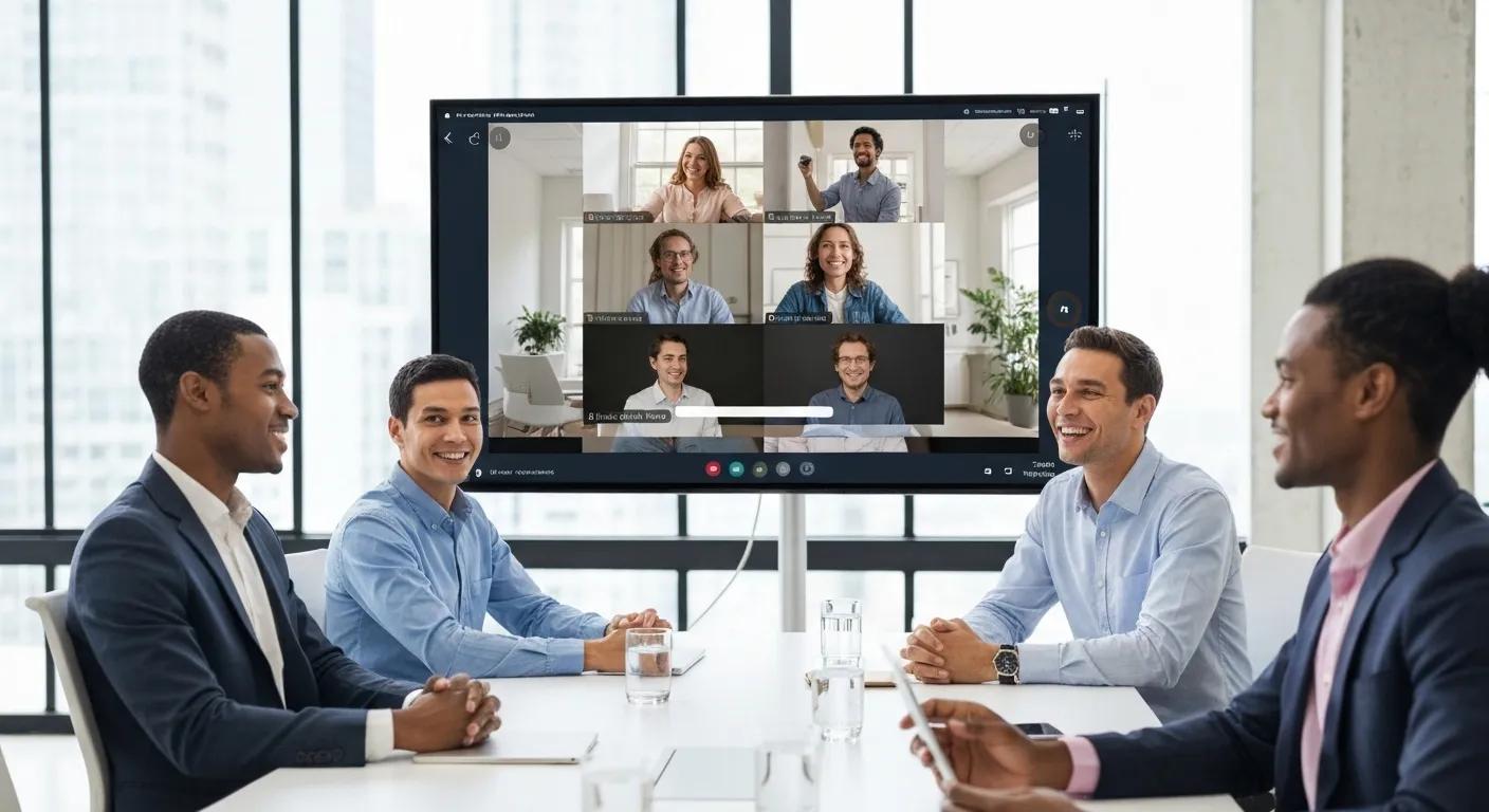 Professionals engaged in a secure video conference, highlighting collaboration and technology