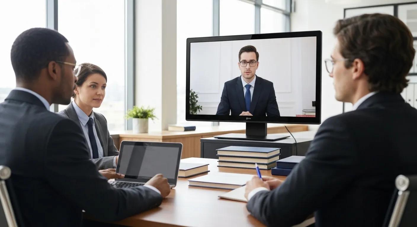 Virtual deposition in a professional legal setting with diverse participants engaged in video conferencing