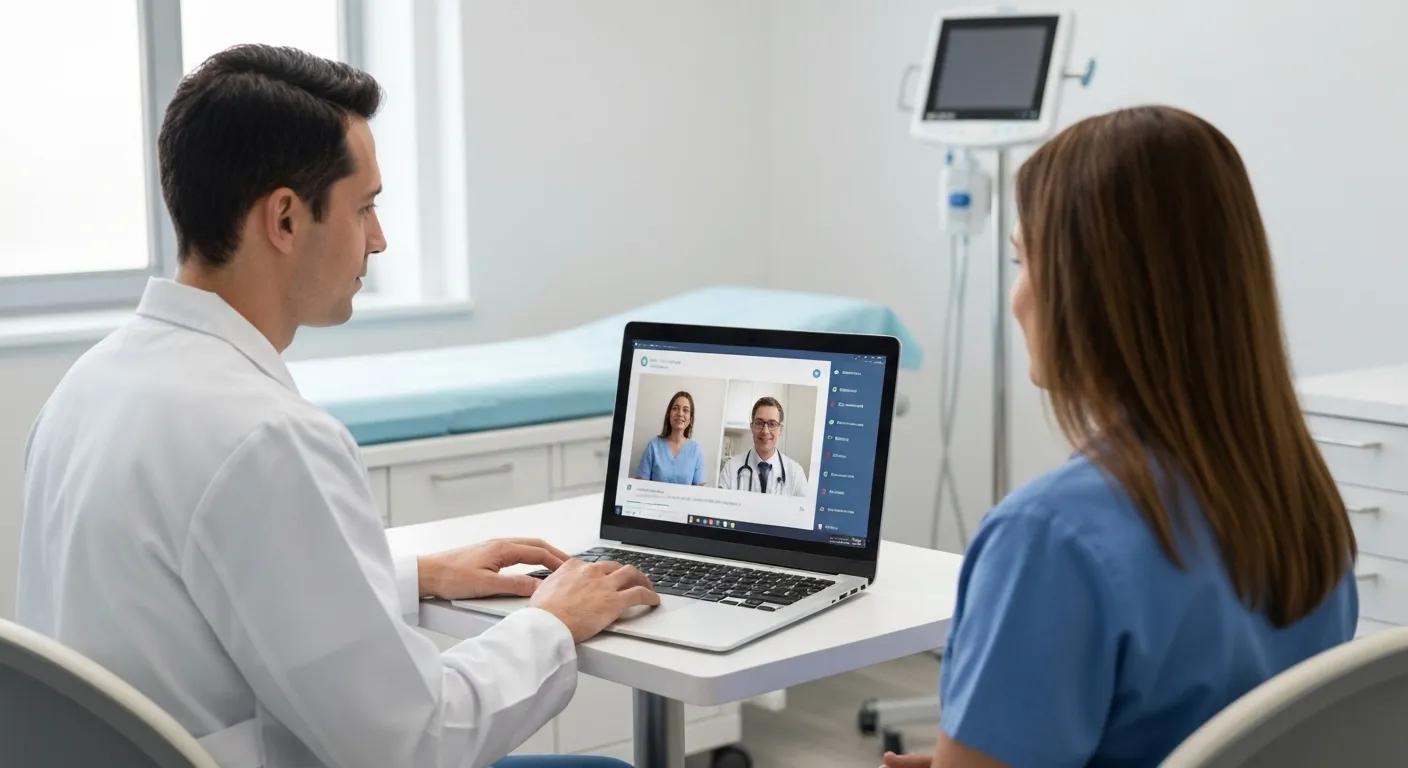 Healthcare professional conducting a secure video consultation with a patient, highlighting HIPAA compliance in telehealth