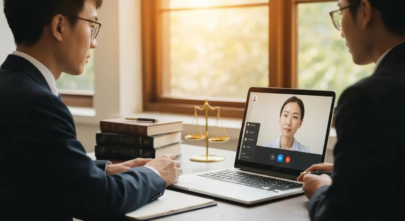 Lawyer and client engaged in a secure video conference, emphasizing attorney-client privilege