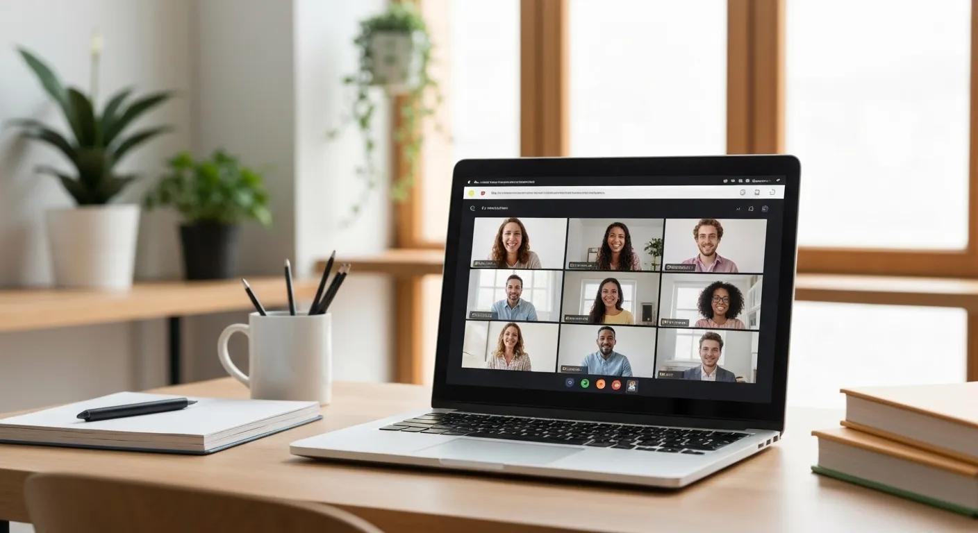 Modern workspace with a laptop displaying a video conferencing platform, emphasizing browser-based communication