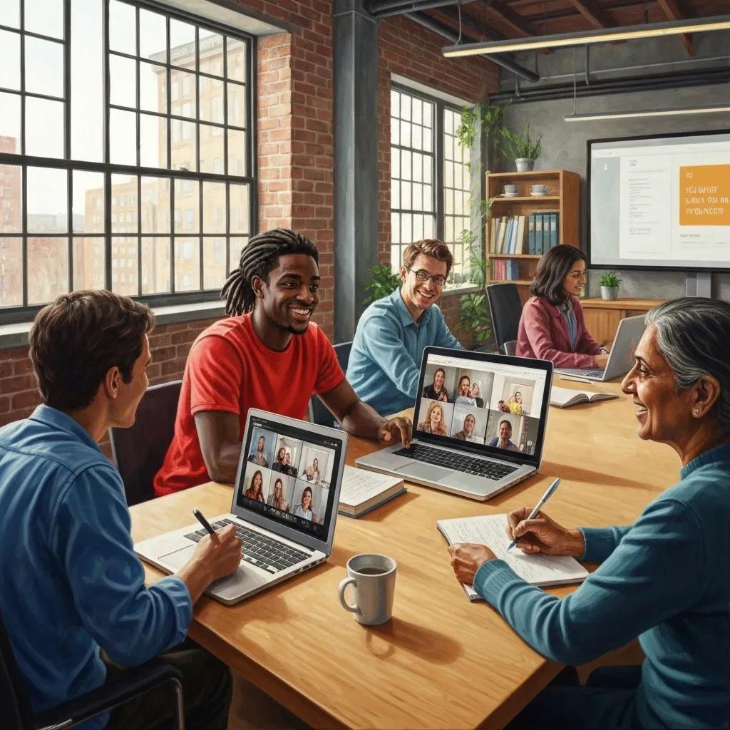Diverse startup founders engaging in a webinar in a modern office setting