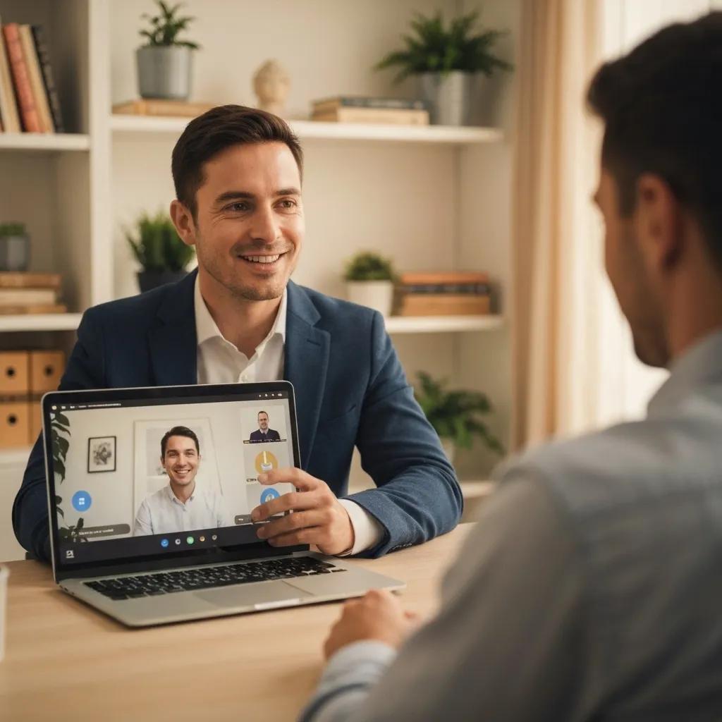 Financial advisor conducting a secure video consultation in a cozy home office