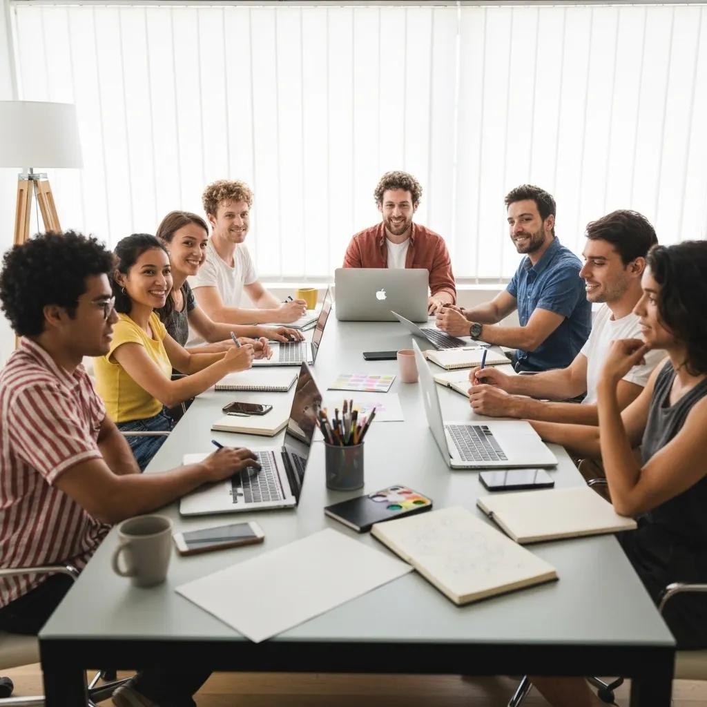 Freelancers engaged in a video conference in a modern home office, highlighting collaboration and creativity