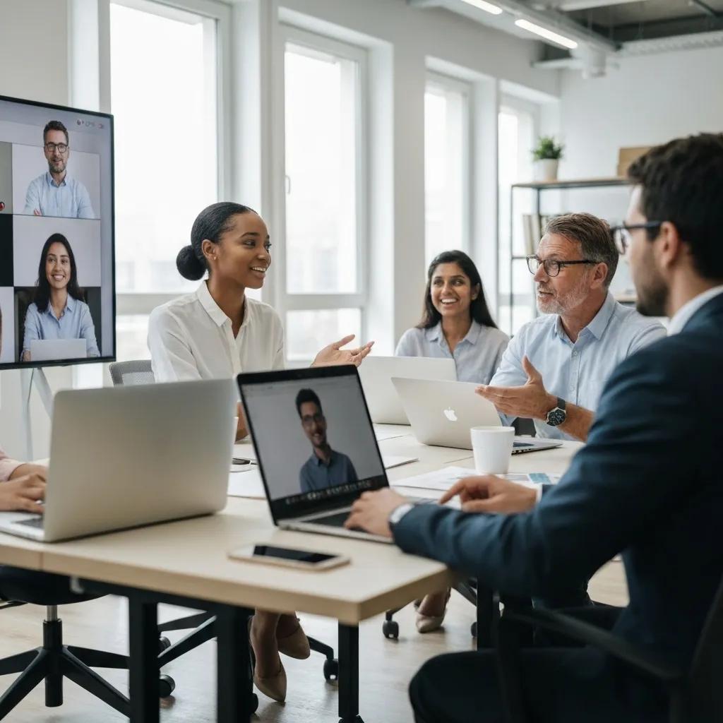 Group of professionals in a modern office engaged in a video conference, showcasing collaboration and technology