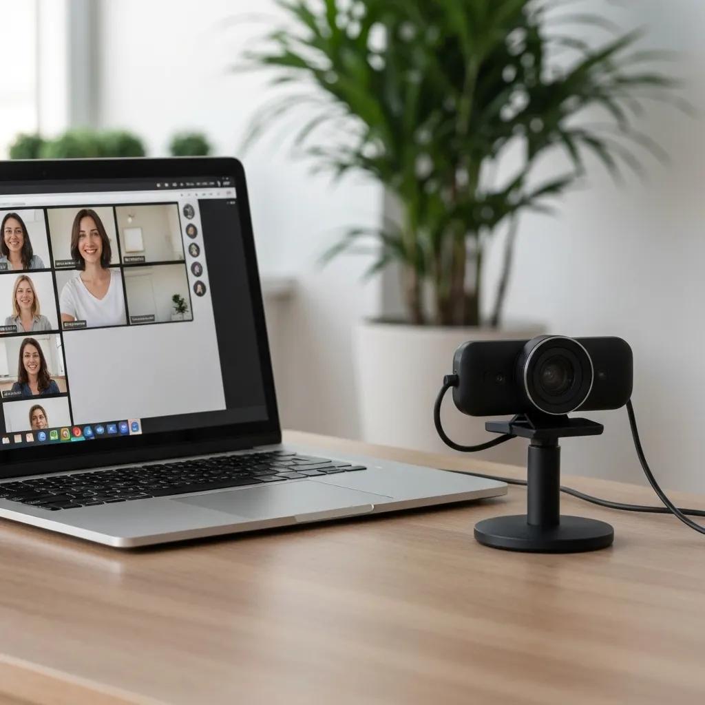 Home office setup for video conferencing with a laptop, webcam, and microphone
