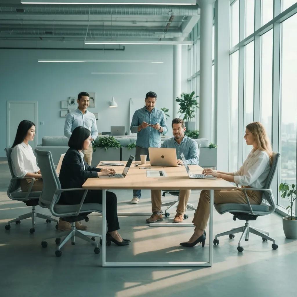 Modern hybrid work environment with diverse professionals collaborating through video conferencing