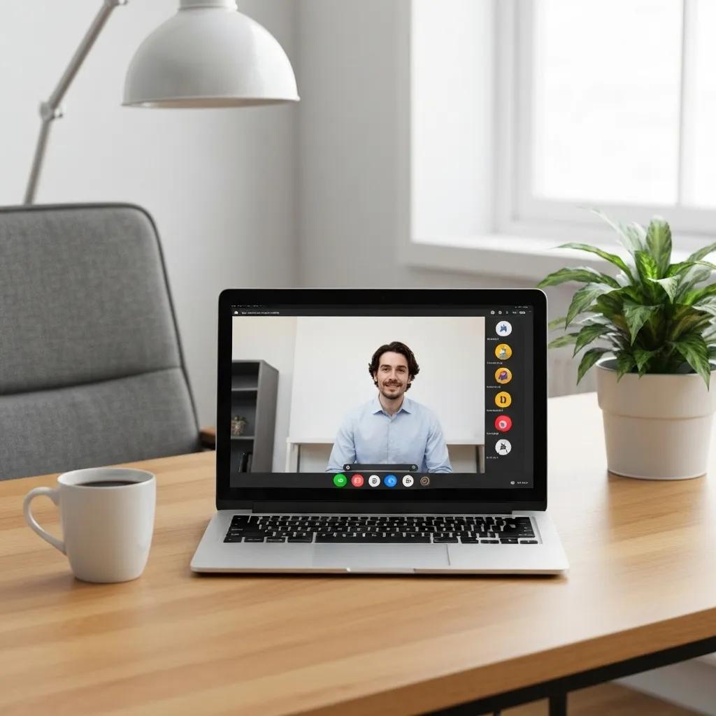 Modern video conferencing setup with a laptop in a well-lit workspace