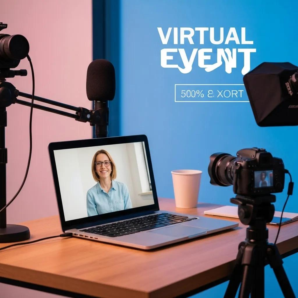 Modern virtual event setup with laptop, microphone, and camera