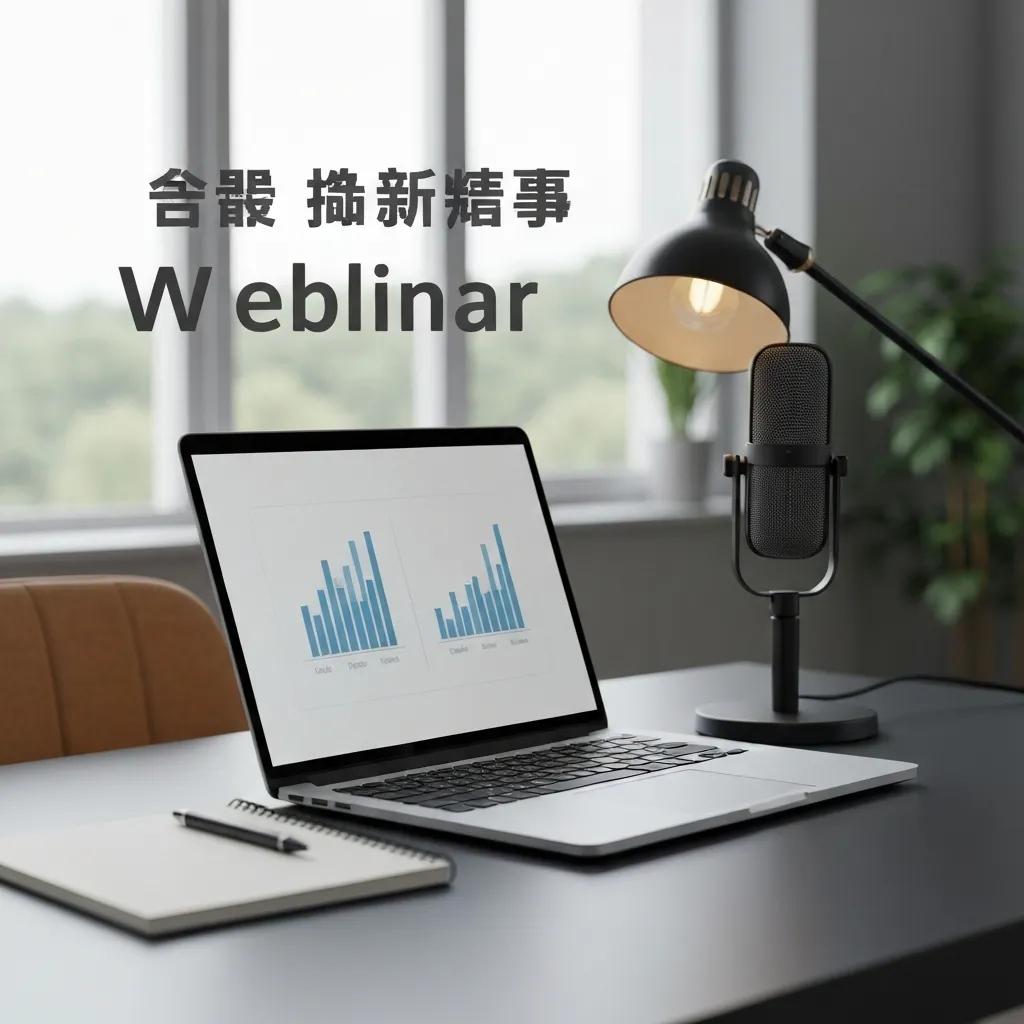 Professional webinar setup with a laptop, microphone, and notepad in a stylish home office